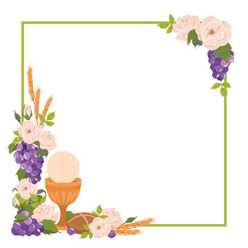 Square frame with first communion symbols. Vector. Composition from a golden bowl for wine, bread, wine, grapes, white roses. Beautiful design elements for an invitation to the Holy Eucharist.