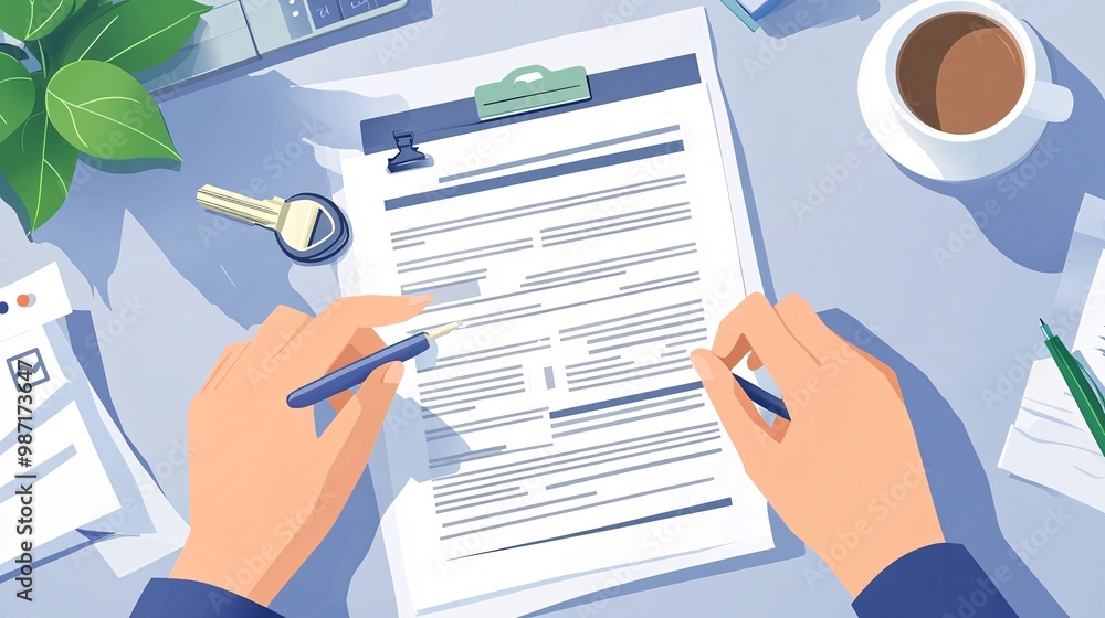 Poster Clean flat lay design showing an insurance agent reviewing documents at a desk with car keys a coffee cup and accident illustrations nearby Large space for text in center Stock Photo with copy space