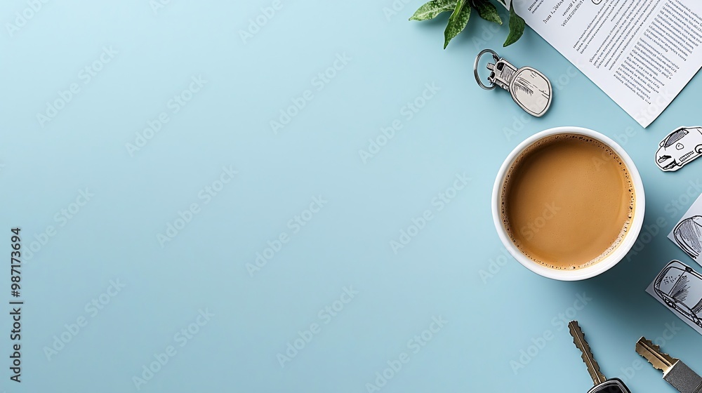Poster clean flat lay design showing an insurance agent reviewing documents at a desk with car keys a coffe