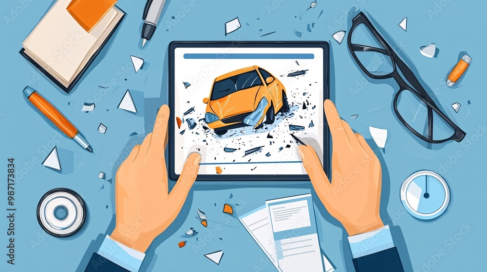 Poster Flat lay vector scene of a car accident report being filled out at an insurance office desk with simplified images of the crash displayed on a tablet Large space for text in center Stock Photo with