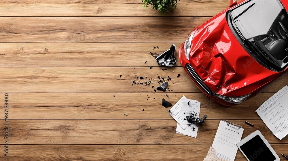 Aufkleber Flat lay vector scene of a car accident report being filled out at an insurance office desk with simplified images of the crash displayed on a tablet Large space for text in center Stock Photo with