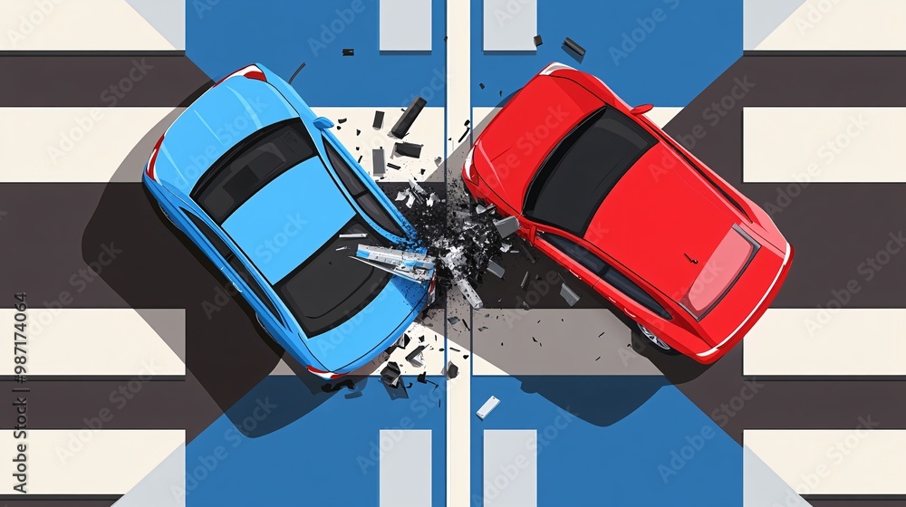 Poster Digital vector art of two cars colliding at an intersection viewed from above with bright flat colors and simple iconography representing insurance coverage Large space for text in center Stock Photo