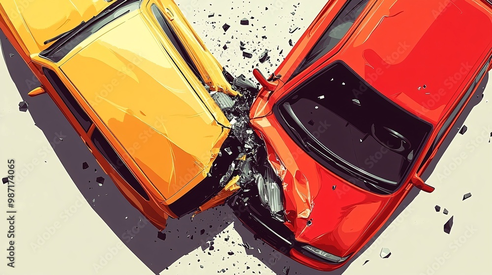 Aufkleber Digital vector art of two cars colliding at an intersection viewed from above with bright flat colors and simple iconography representing insurance coverage Large space for text in center Stock Photo