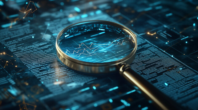 A magnifying glass placed over lines of text, surrounded by digital data and holographic elements, suggesting a theme of data analysis or investigation