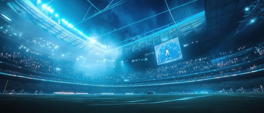 A high-tech stadium hosting a futuristic sports event with holographic fans and players