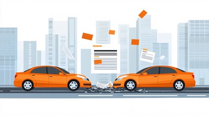 Flat vector illustration of a car accident on a city street with both vehicles lightly damaged and floating insurance documents highlighting post-accident services Large space for text in center