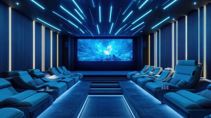 A luxury futuristic cinema with floating seats and immersive visual projections