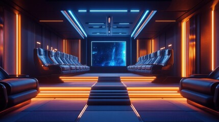 A luxury futuristic cinema with floating seats and immersive visual projections