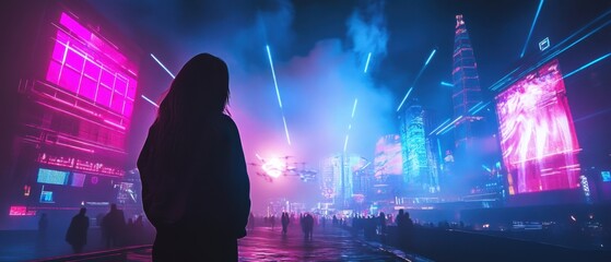Futuristic festival with drone light shows and interactive digital performances in a vibrant metropolis