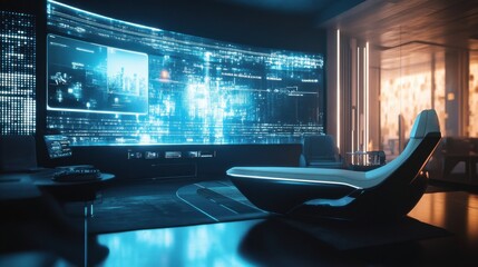 Futuristic home entertainment system with holographic screens and immersive sound technology