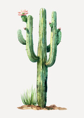Watercolor cactus with pink flowers