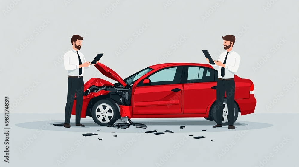 Poster Flat vector scene of an eco-car in an accident with insurance representatives discussing the claim process while simplified vehicle damage icons float around the car Large space for text in center
