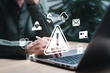 Cyber theft Warning alert signal, Scam, Hacker, Fraudulent online, A person receives a warning message, Personal Data Protection, Identity theft, Secured internet access, Password, Security breach