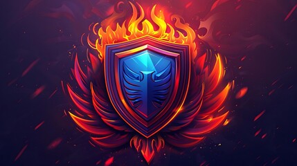 A vibrant shield emblem with flames and a gem, symbolizing strength and protection.