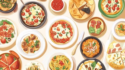An Italian food illustration viewed from above, showcasing a variety of dishes in a vector style. This composition features pasta, pizza, antipasti, and other classic Italian delights