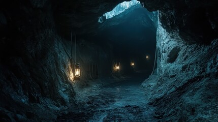 A dark abandoned mine with flickering lanterns and a mysterious aura