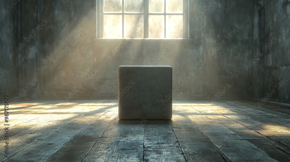 Poster A cube is sitting on a wooden floor in a room with a window