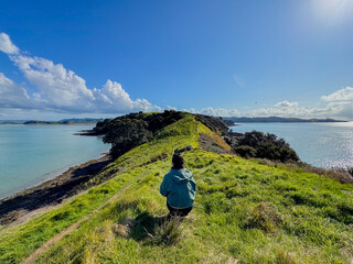 Fototapeta premium View of a park in New Zealand. Blue ocean and green grass field on spring day. Duder Park.