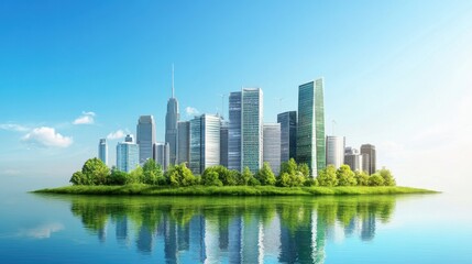 A sustainable cityscape with green buildings powered by renewable energy under a clear blue sky
