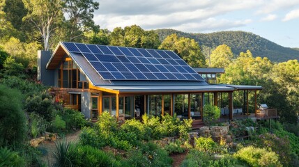 Obraz premium Eco-friendly home surrounded by nature with solar panels and a lush garden