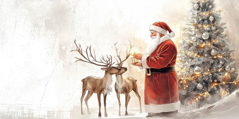 A festive scene featuring Santa Claus with a reindeer, surrounded by a snowy landscape and a decorated Christmas tree.