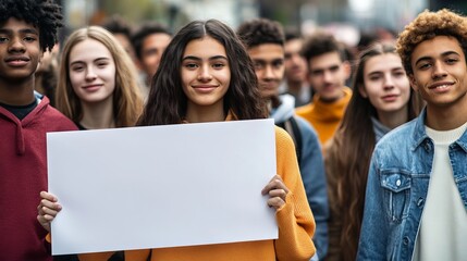 A group of young people are standing together, holding a blank sign. They're likely part of a parade or protest, showing their support for a cause.