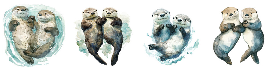 Obraz premium A group of adorable river otters swimming floating and playing together in a river lake or other freshwater habitat The otters are displaying their natural curiosity social behavior
