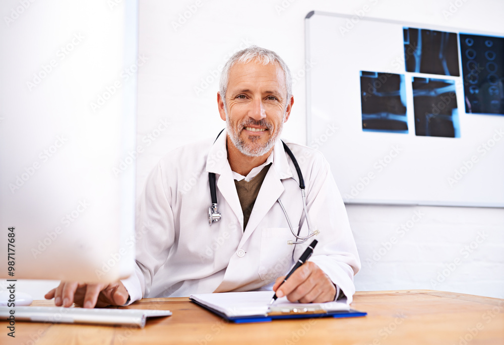 Poster Computer, radiology and healthcare with portrait of doctor in hospital for scan, medical or ai tumour detection. Smile, insurance and research with mature man and clipboard for mri disease screening