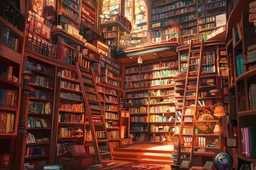 Enchanting sunlit vintage library with tall ladders and stained glass window.