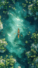 Aerial View: Animated Character Rowing in a Sea of Clovers and Trees, Surrounded by Whimsical Blues and Whites