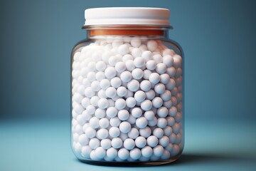 Clear jar filled with white round pellets on a flat surface
