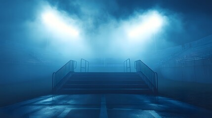 A set of stairs leading up to an empty stadium under blue lights and foggy conditions.