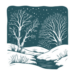 Snow in the winter forest. Linocut illustration. Cozy composition on white background. Vector illustration.