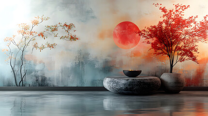 Serene interior with artistic mural, featuring red trees and a vibrant sun, complemented by minimalist decor and tranquil ambiance.