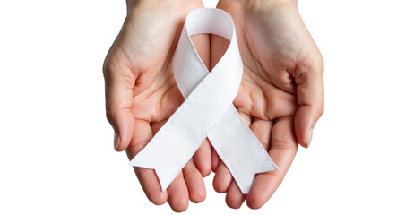 White awareness ribbon in hands against a transparent background, symbol for lung cancer awareness