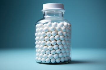 White candies in a glass jar on a simple background