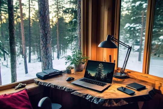 A cozy home office setup with a rustic wooden desk, laptop, desk lamp, and large window overlooking a snowy forest, blending nature and productivity in a serene environment