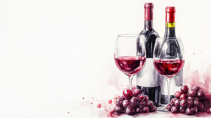 Watercolor image of wine bottle and glasses with grapes, light background. Copy space. Winery invitation. Generative AI
