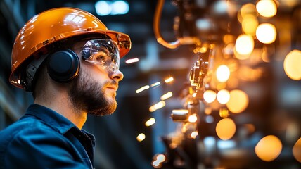 Man in safety gear working in industrial environment, sparks flying.