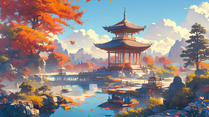 Obraz premium Chinese traditional ancient architectural pavilions by the lake