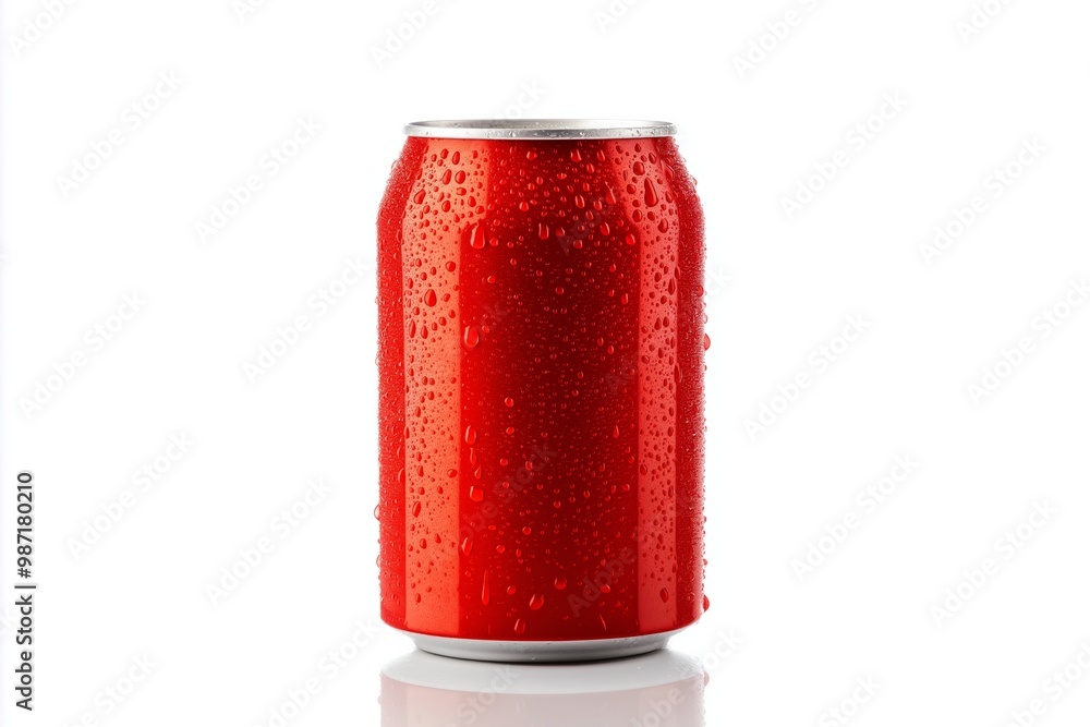 Poster can of soda is sitting on a white background. the can is red and has condensation on it. cold red wi
