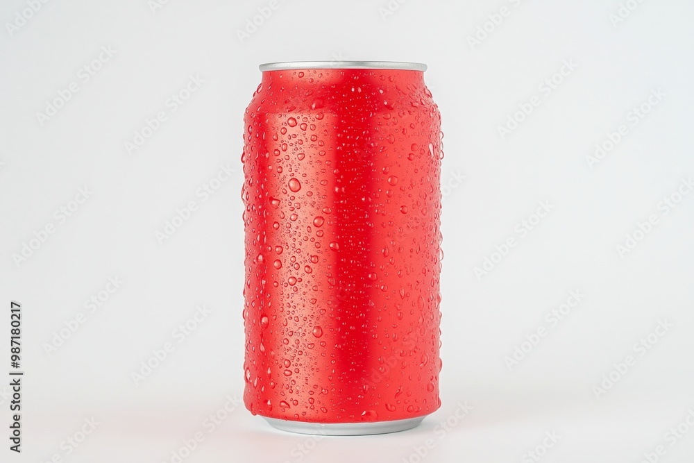 Poster can of soda is sitting on a white background. the can is red and has condensation on it. cold red wi