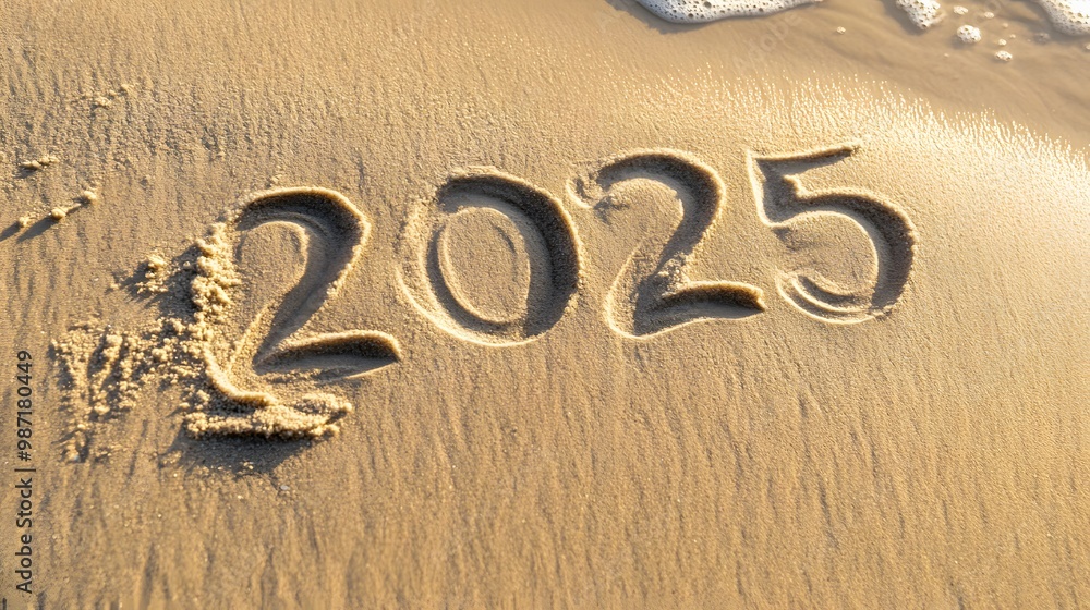 Canvas Prints The year 2025 written in the sand on a beach.