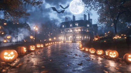 Haunted mansion with glowing Jack o Lanterns lining the path eerie fog