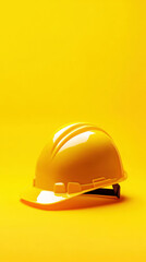 Fototapeta premium Yellow construction helmet. Yellow background. Copy space. Technical mockup. Generative AI