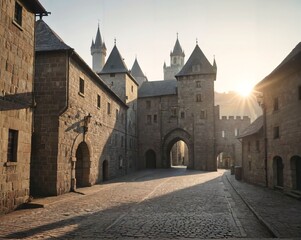 Fototapeta premium Medieval Cityscape at Sunset: Silent Streets and Towering Stone Walls