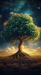 A vibrant tree with twisting roots stands under a starry sky, symbolizing growth and nature's beauty in a mystical landscape.