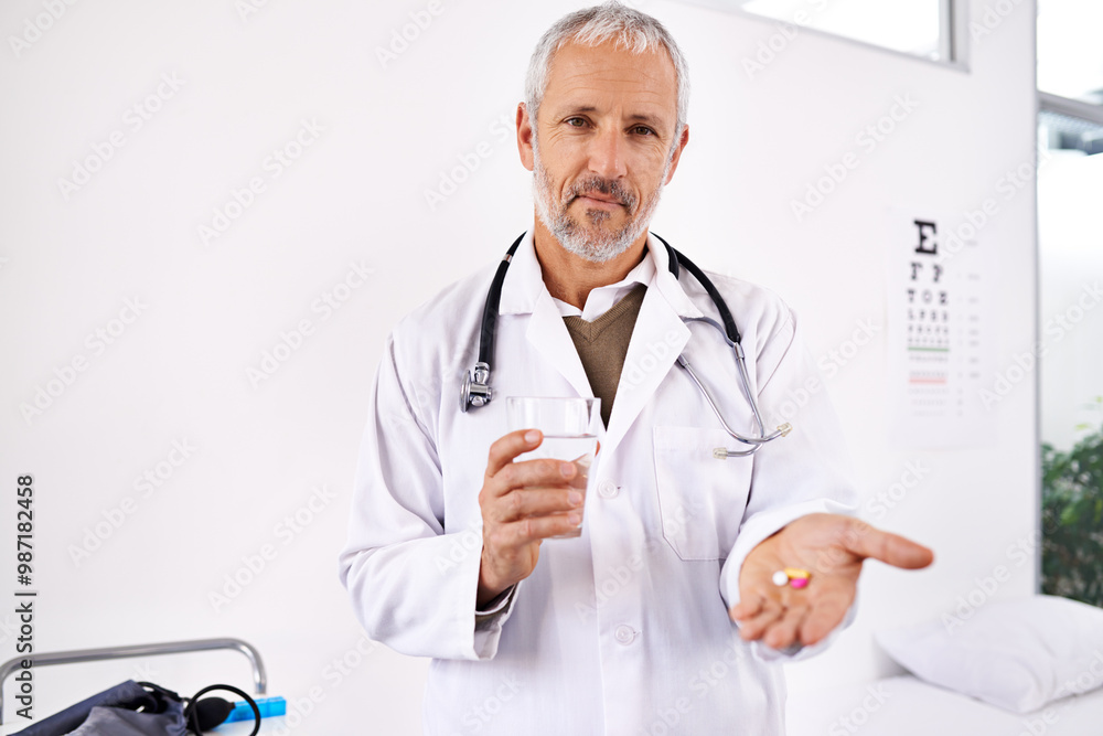 Canvas Prints Mature, doctor and portrait with pills or water for prescription medication, healthcare treatment and supplements. Physician, man and medicine in clinic to drink pharmaceuticals for health recovery