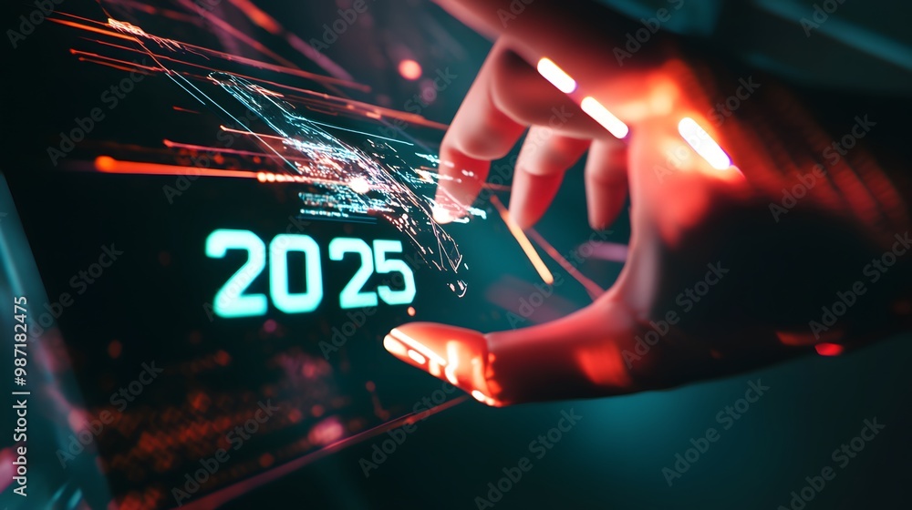 Poster a hand interacts with a futuristic display showing the year 2025.