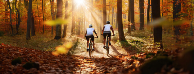 Two cyclists riding through a sunlit autumn forest with vibrant fall colors.